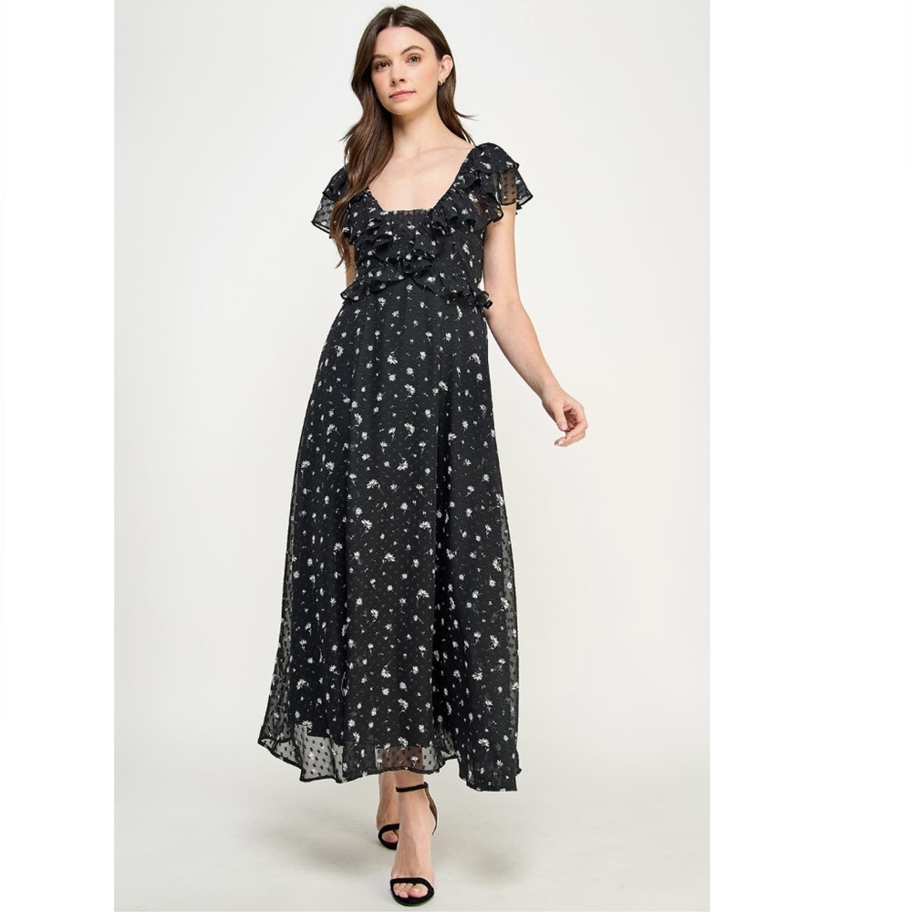 + KOKO + MASON + Floral Tie Back Ruffle Maxi Dress